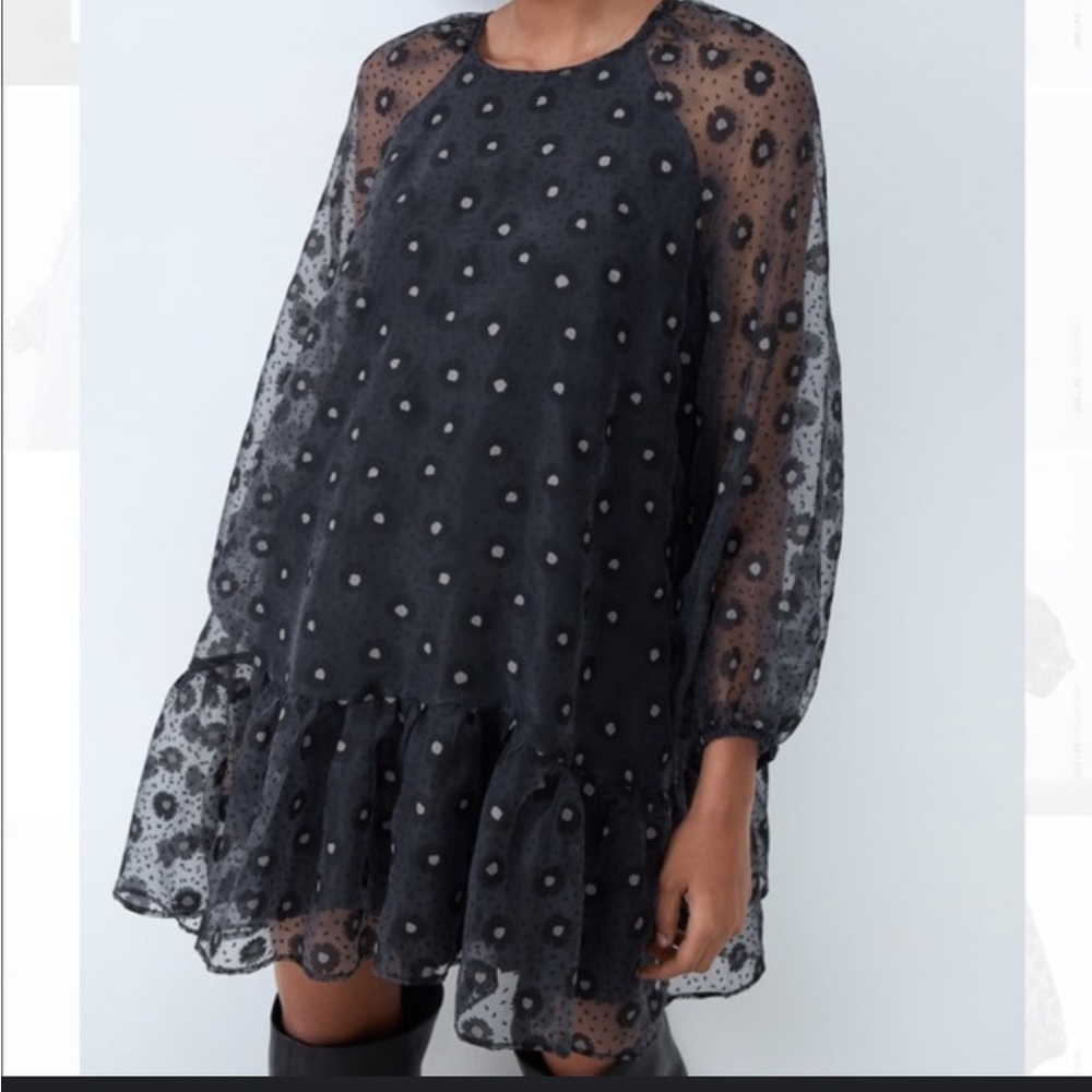 Zara long sleeve sheer sleeve black printed mini dress size small